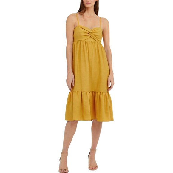 INC International Concept Midi Dress Knot Front Ruffle Yellow Linen Sundress XL - Picture 6 of 7